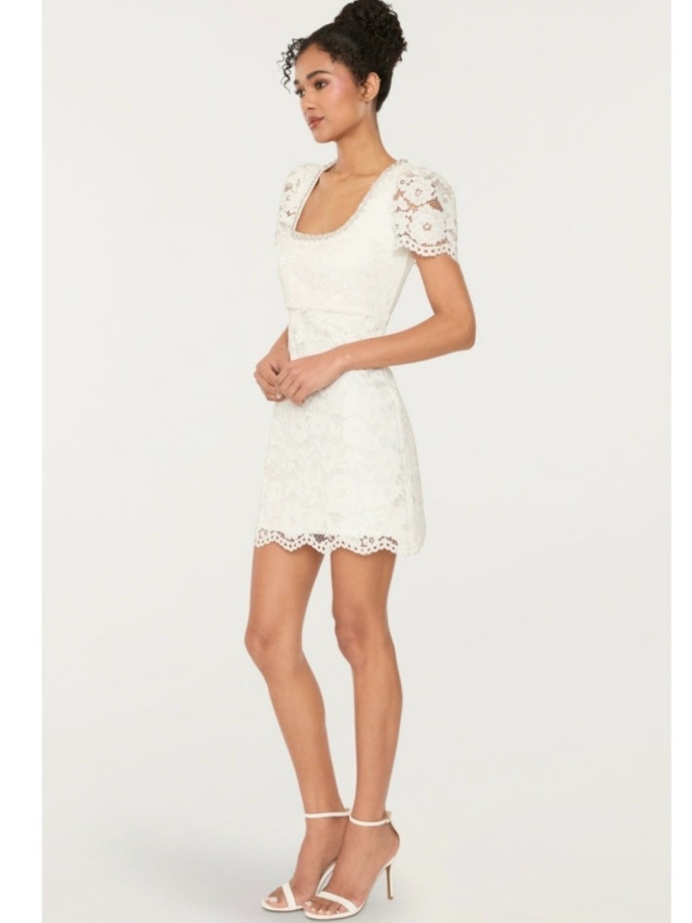NWT Likely “Isa” White Lace Square Neck Mini Dress With Rhinestones Accents $268